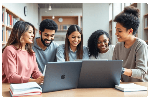 Diverse international students collaborating around a table with laptops